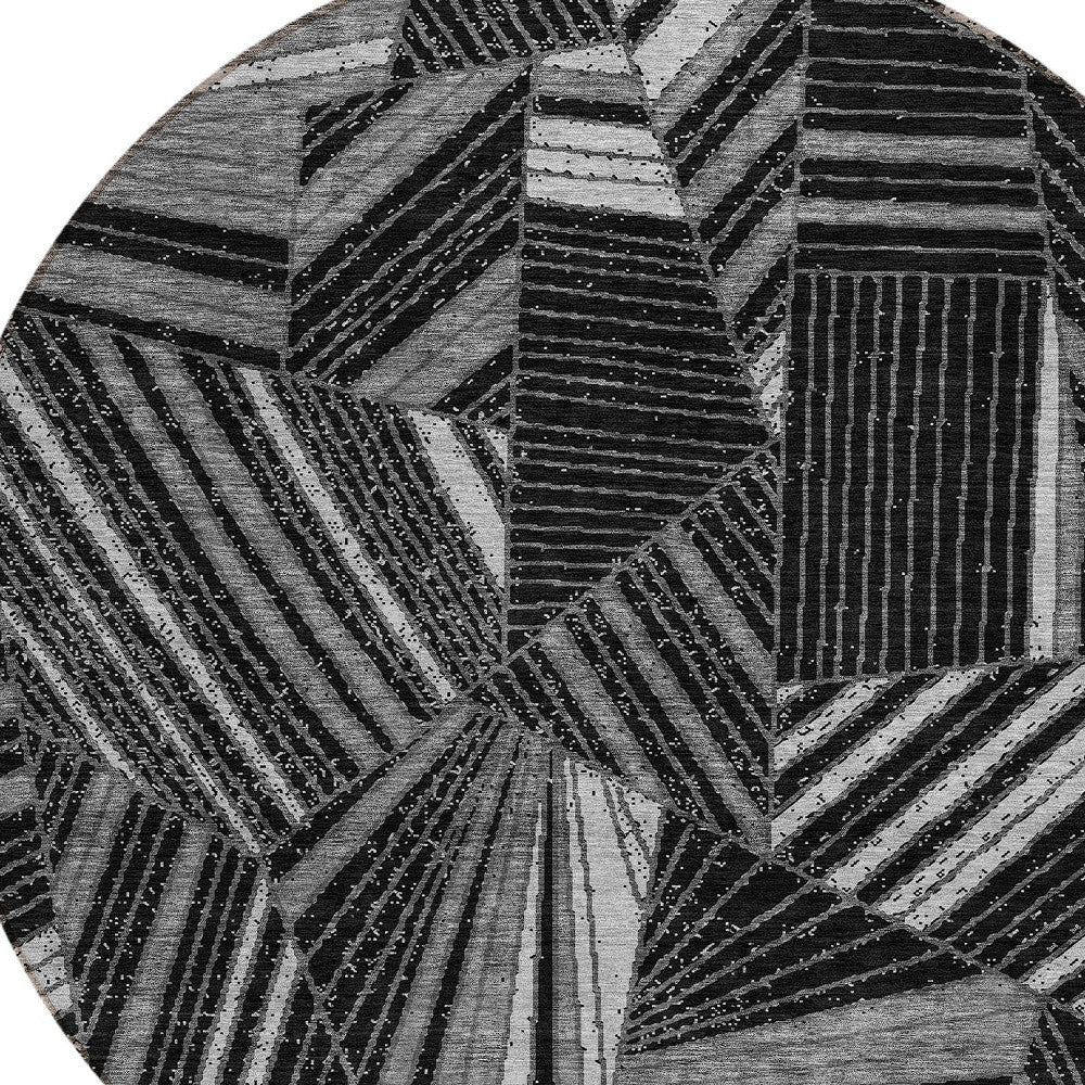 Tabselect Home Line 8' Black And Gray Round Geometric Washable Indoor Outdoor Area Rug