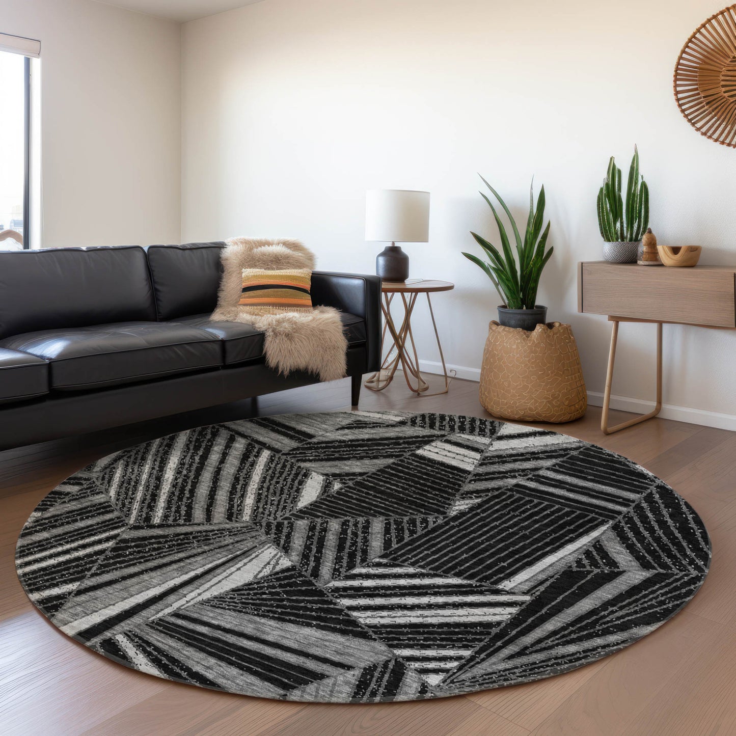 Tabselect Home Line 8' Black And Gray Round Geometric Washable Indoor Outdoor Area Rug