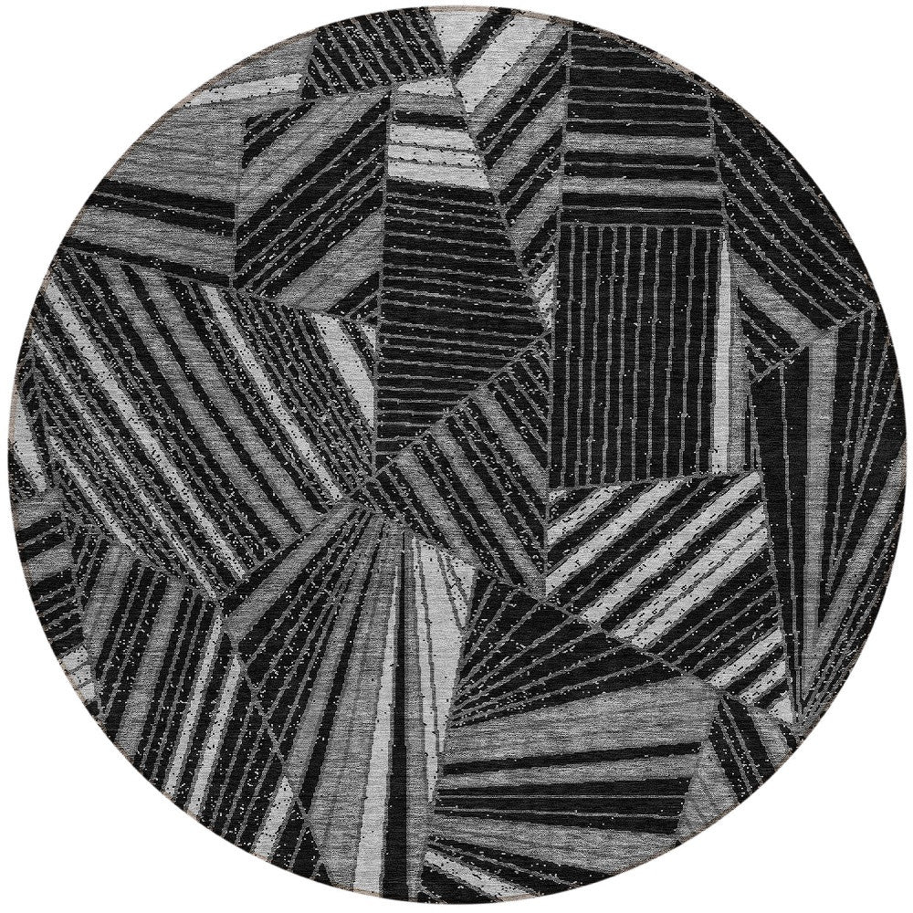 Tabselect Home Line 8' Black And Gray Round Geometric Washable Indoor Outdoor Area Rug