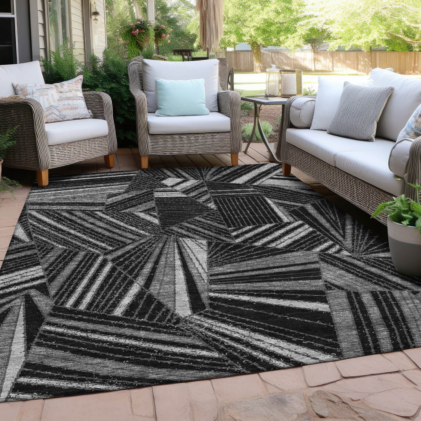 Tabselect Home Line 8' X 10' Black And Gray Geometric Washable Indoor Outdoor Area Rug