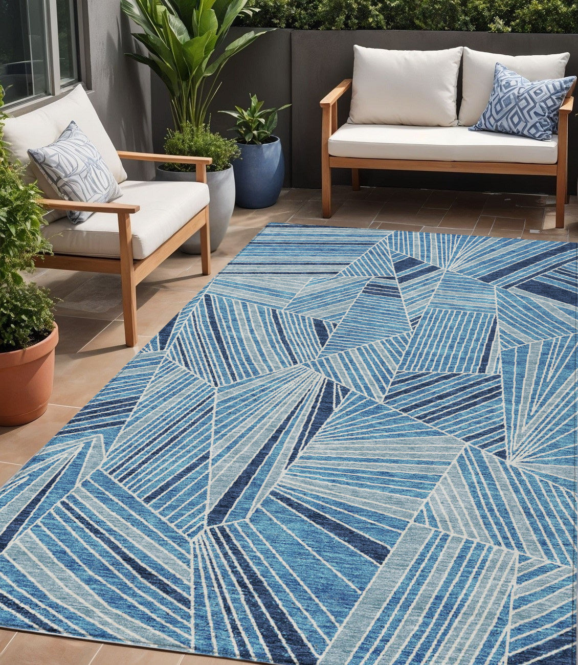 Tabselect Home Line 5' X 8' Blue And Teal Blue Geometric Washable Indoor Outdoor Area Rug
