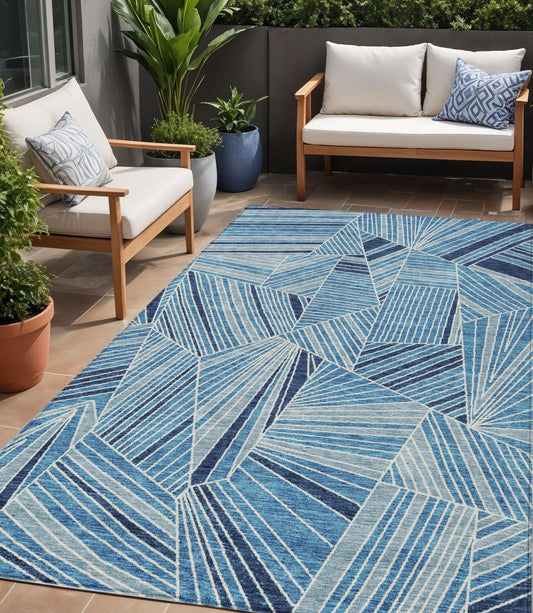 Tabselect Home Line 5' X 8' Blue And Teal Blue Geometric Washable Indoor Outdoor Area Rug