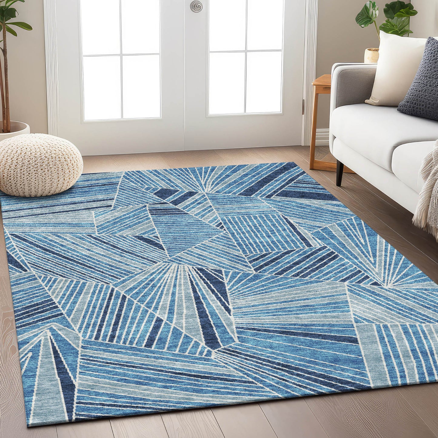 Tabselect Home Line 5' X 8' Blue And Teal Blue Geometric Washable Indoor Outdoor Area Rug