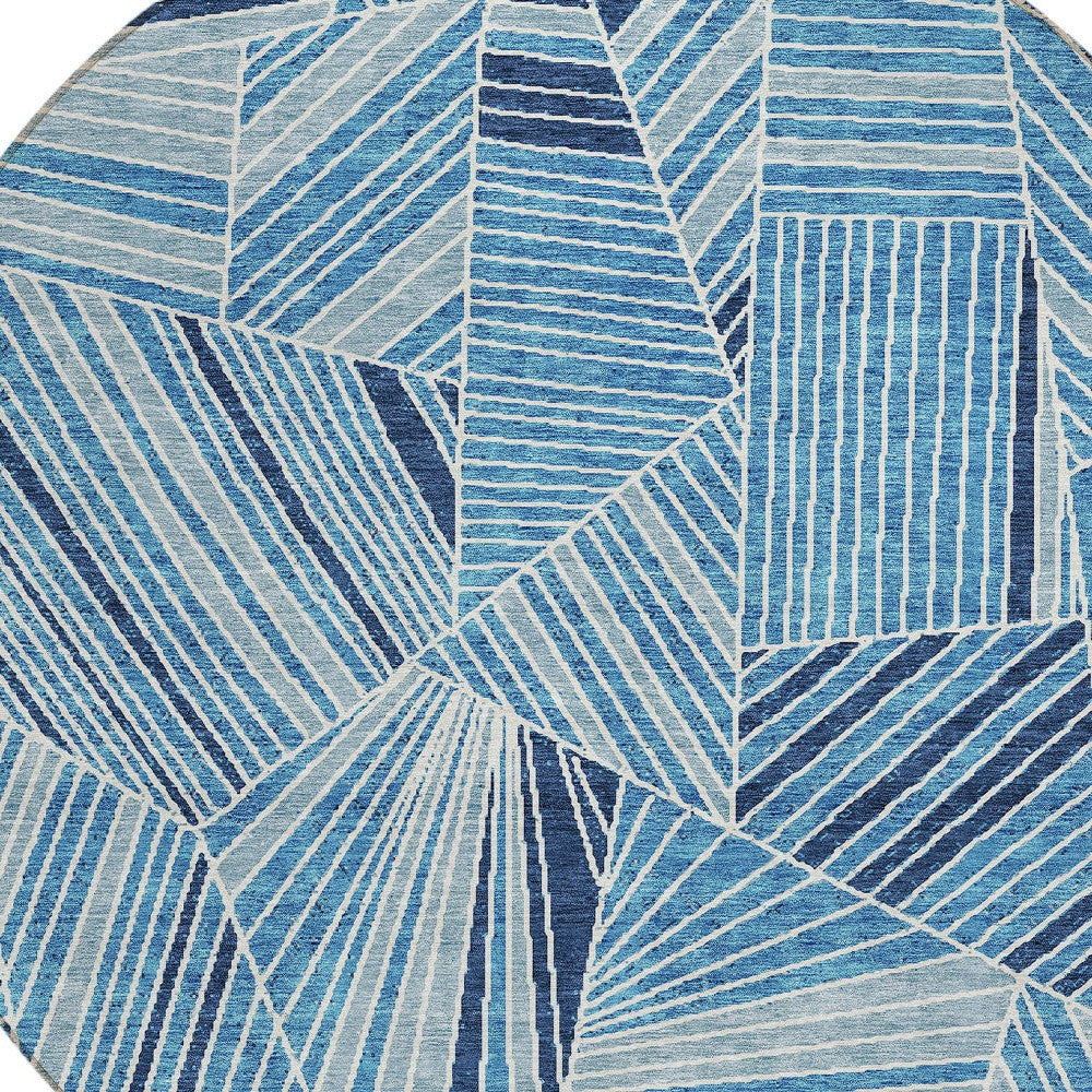 Tabselect Home Line 8' Blue And Teal Blue Round Geometric Washable Indoor Outdoor Area Rug