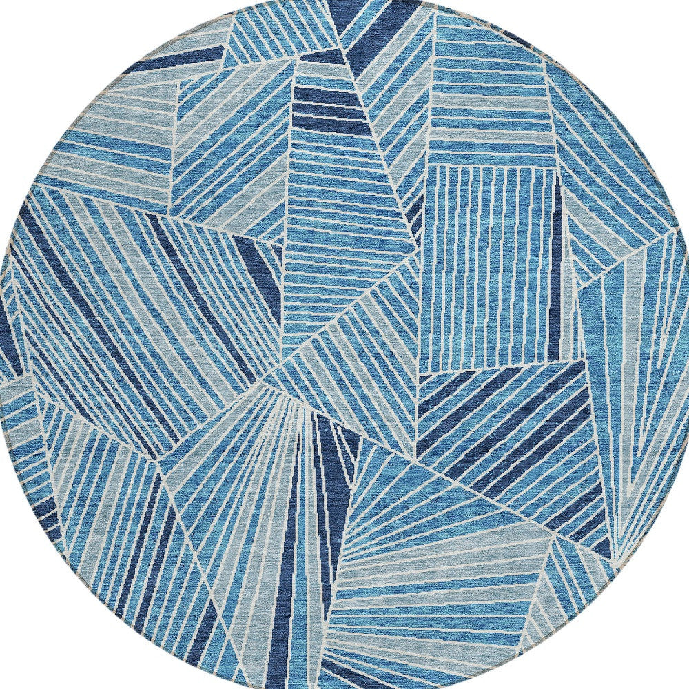 Tabselect Home Line 8' Blue And Teal Blue Round Geometric Washable Indoor Outdoor Area Rug