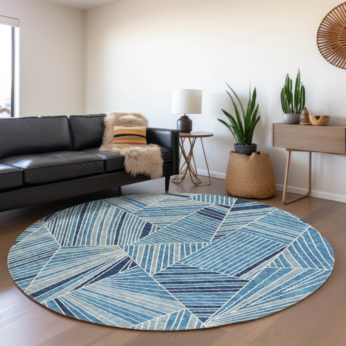 Tabselect Home Line 8' Blue And Teal Blue Round Geometric Washable Indoor Outdoor Area Rug