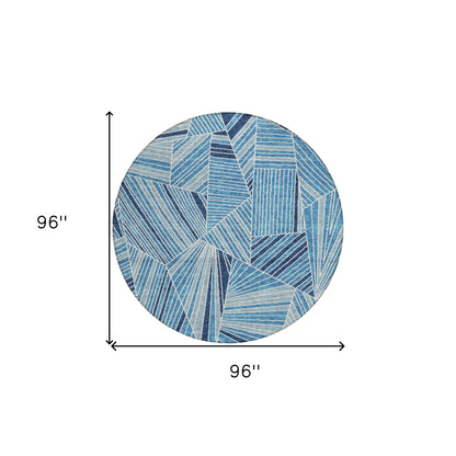 Tabselect Home Line 8' Blue And Teal Blue Round Geometric Washable Indoor Outdoor Area Rug