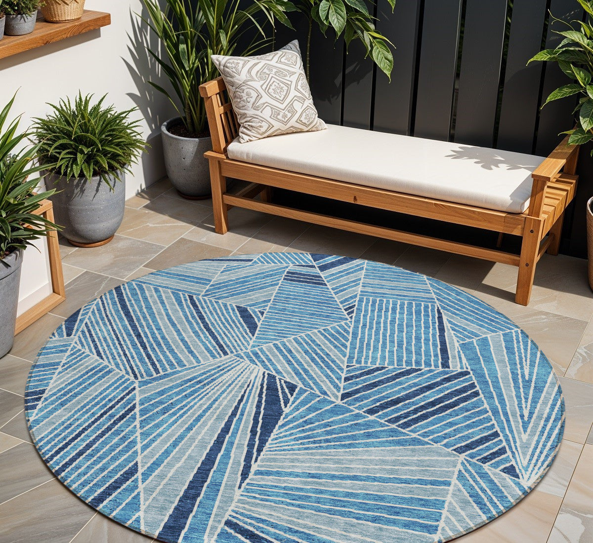 Tabselect Home Line 8' Blue And Teal Blue Round Geometric Washable Indoor Outdoor Area Rug