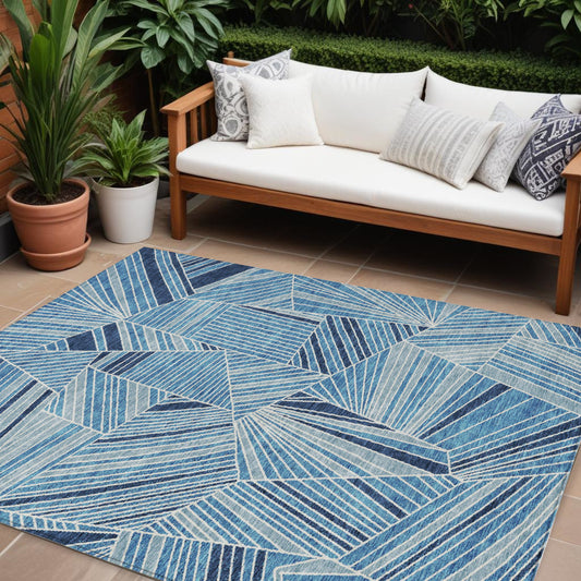 Tabselect Home Line 8' X 10' Blue And Teal Blue Geometric Washable Indoor Outdoor Area Rug
