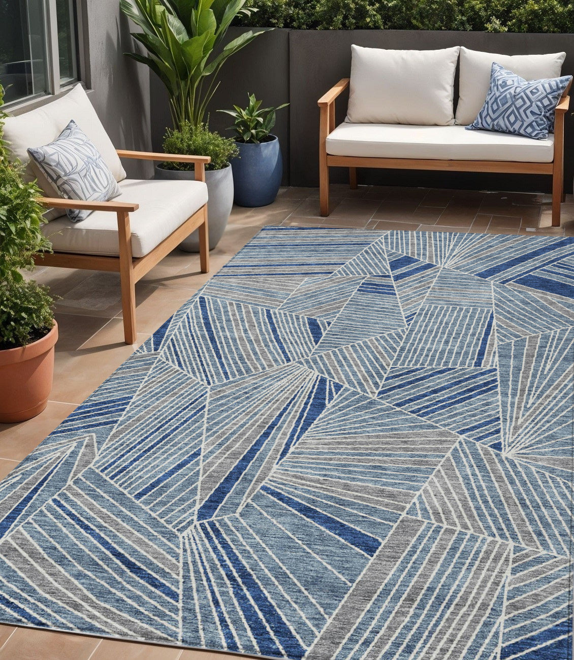 Tabselect Home Line 5' X 8' Denim Blue Gray And Ivory Geometric Washable Indoor Outdoor Area Rug
