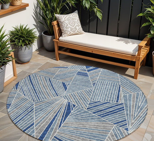 Tabselect Home Line 8' Denim Blue Gray And Ivory Round Geometric Washable Indoor Outdoor Area Rug