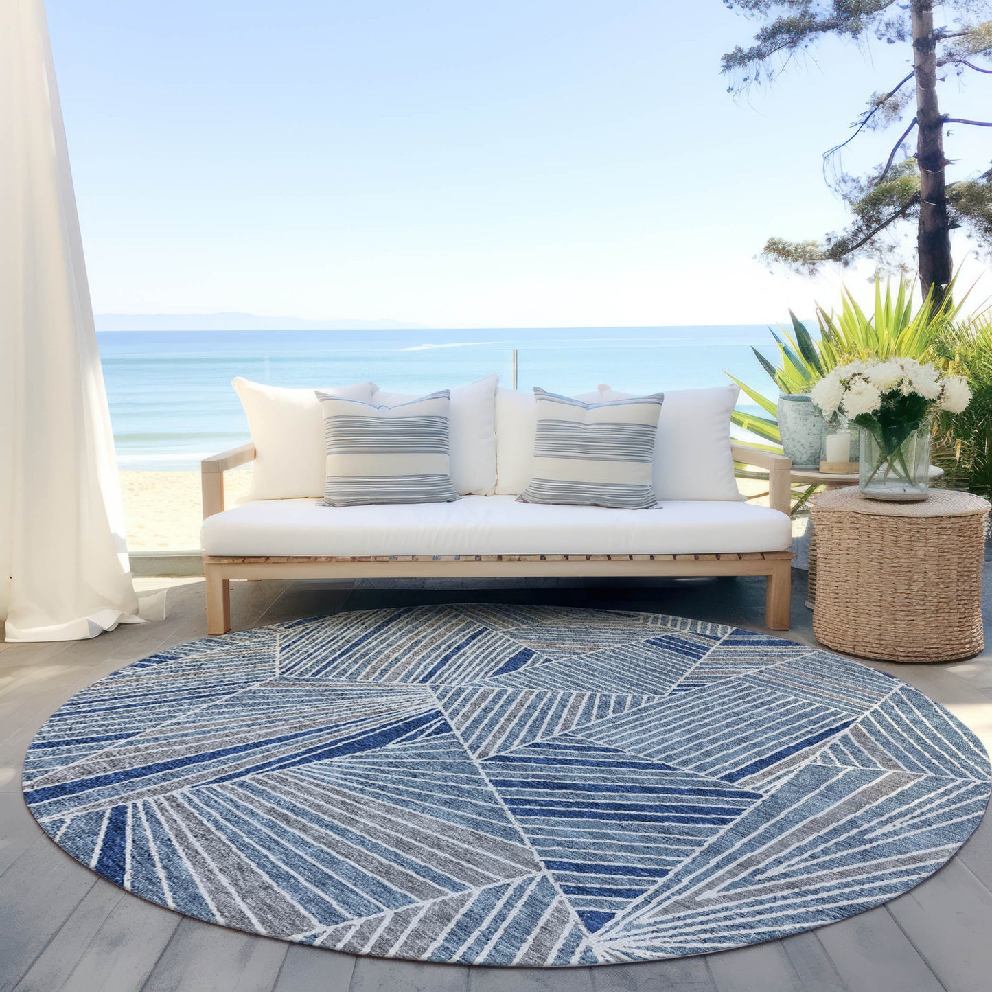 Tabselect Home Line 8' Denim Blue Gray And Ivory Round Geometric Washable Indoor Outdoor Area Rug