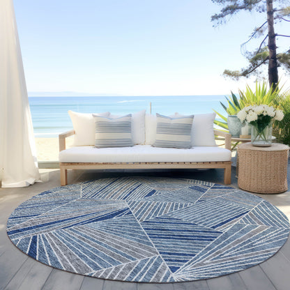 Tabselect Home Line 8' Denim Blue Gray And Ivory Round Geometric Washable Indoor Outdoor Area Rug