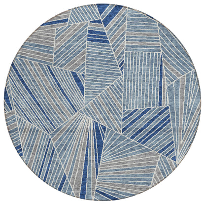 Tabselect Home Line 8' Denim Blue Gray And Ivory Round Geometric Washable Indoor Outdoor Area Rug
