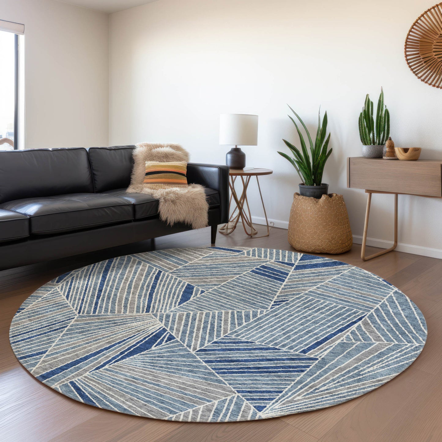 Tabselect Home Line 8' Denim Blue Gray And Ivory Round Geometric Washable Indoor Outdoor Area Rug
