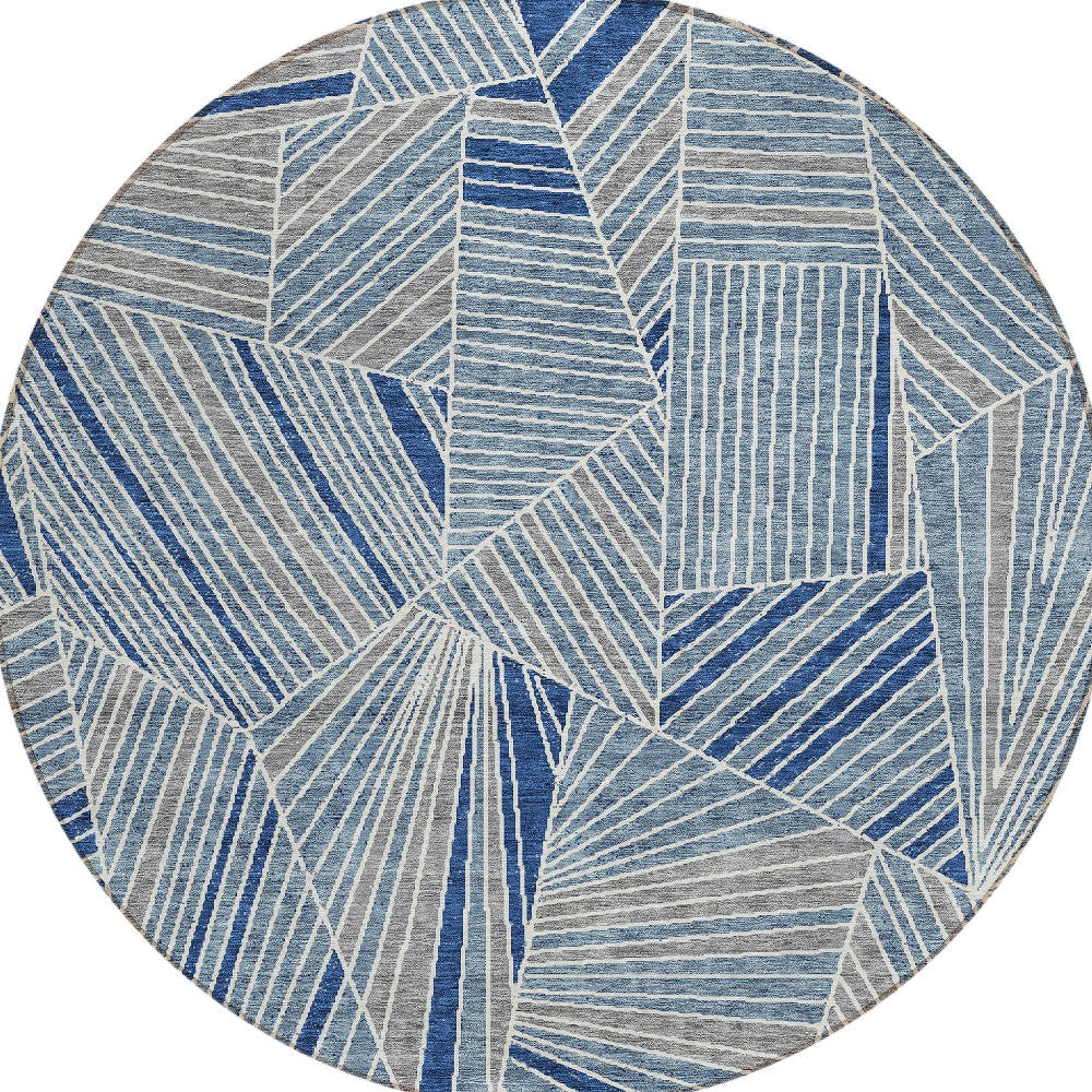 Tabselect Home Line 8' Denim Blue Gray And Ivory Round Geometric Washable Indoor Outdoor Area Rug