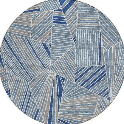 Tabselect Home Line 8' Denim Blue Gray And Ivory Round Geometric Washable Indoor Outdoor Area Rug