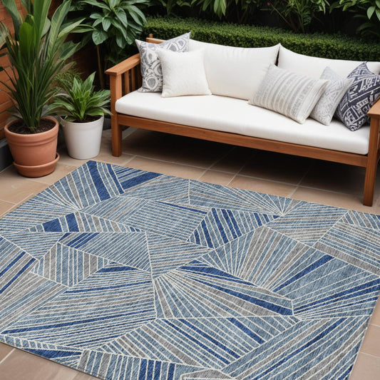 Tabselect Home Line 8' X 10' Denim Blue Gray And Ivory Geometric Washable Indoor Outdoor Area Rug