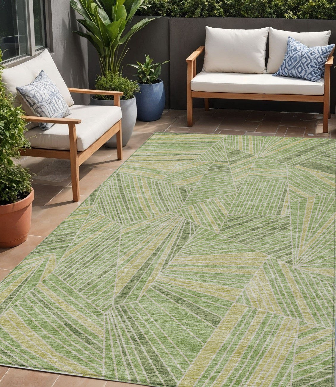 Tabselect Home Line 5' X 8' Green And Olive Green Geometric Washable Indoor Outdoor Area Rug