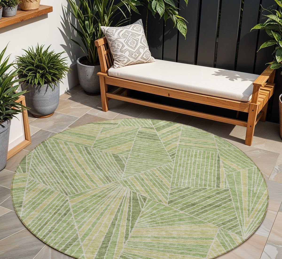 Tabselect Home Line 8' Green And Olive Green Round Geometric Washable Indoor Outdoor Area Rug