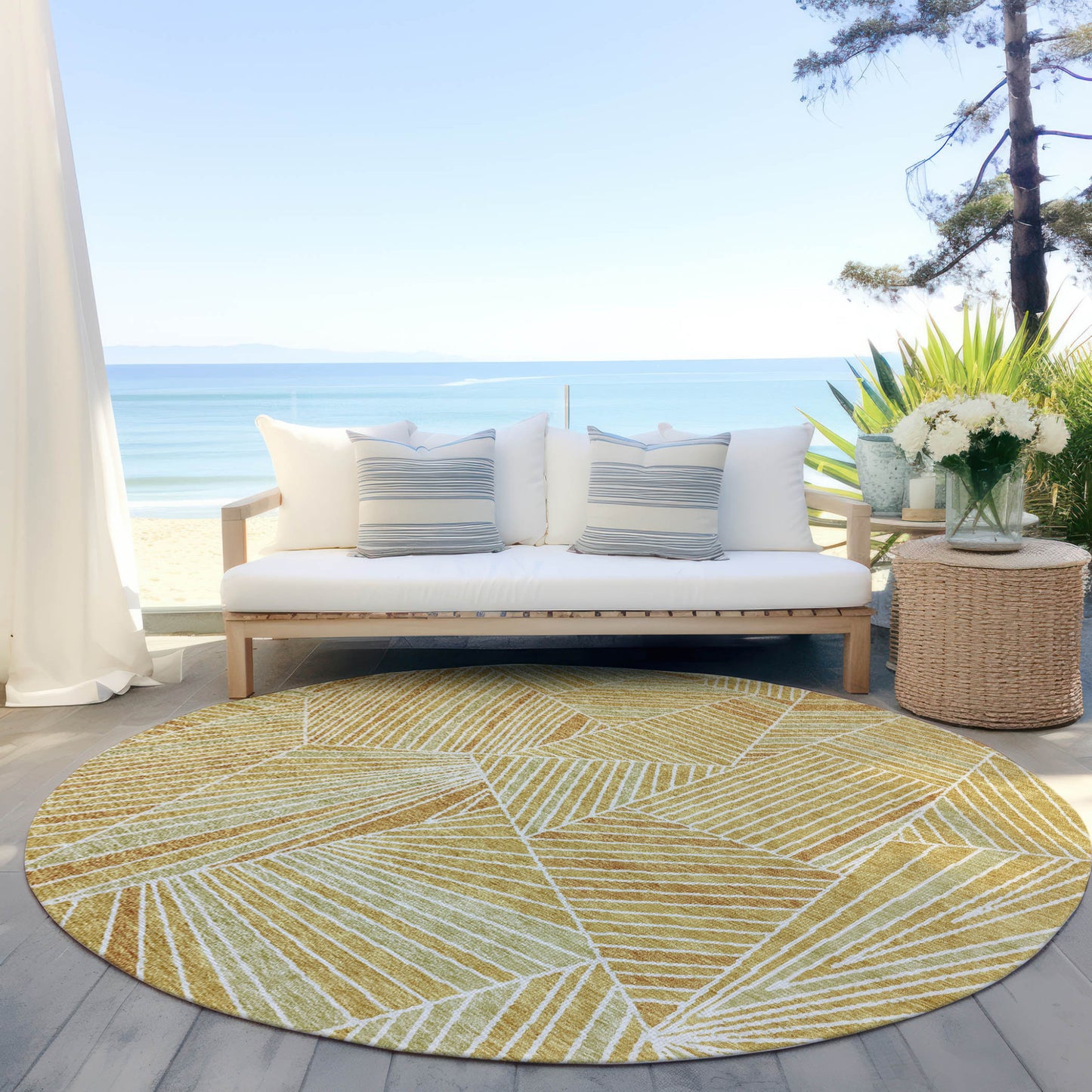 Tabselect Home Line 8' Gold Copper And Brown Round Geometric Washable Indoor Outdoor Area Rug
