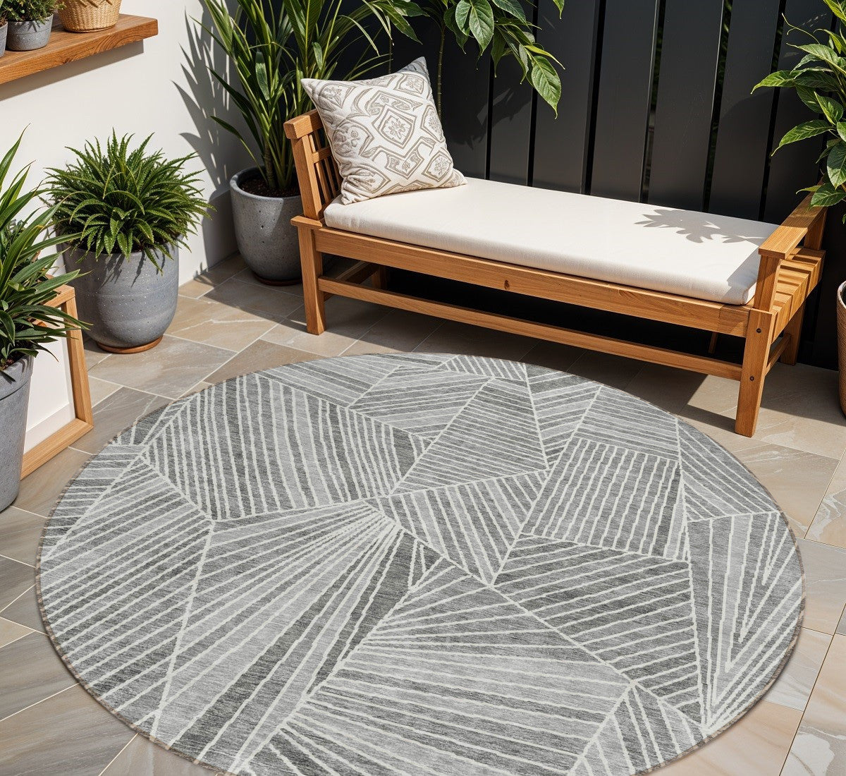 Tabselect Home Line 8' Gray And Ivory Round Geometric Washable Indoor Outdoor Area Rug