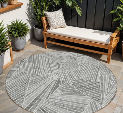 Tabselect Home Line 8' Gray And Ivory Round Geometric Washable Indoor Outdoor Area Rug