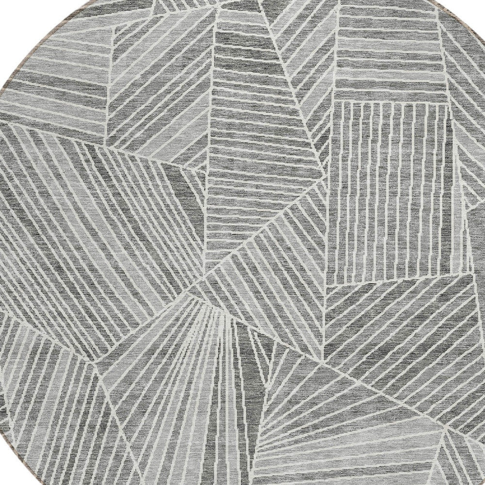 Tabselect Home Line 8' Gray And Ivory Round Geometric Washable Indoor Outdoor Area Rug