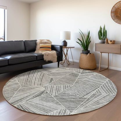 Tabselect Home Line 8' Gray And Ivory Round Geometric Washable Indoor Outdoor Area Rug