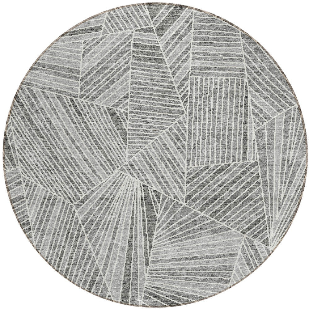 Tabselect Home Line 8' Gray And Ivory Round Geometric Washable Indoor Outdoor Area Rug