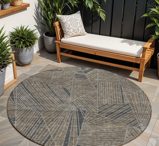 Tabselect Home Line 8' Brown Black And Gray Round Geometric Washable Indoor Outdoor Area Rug