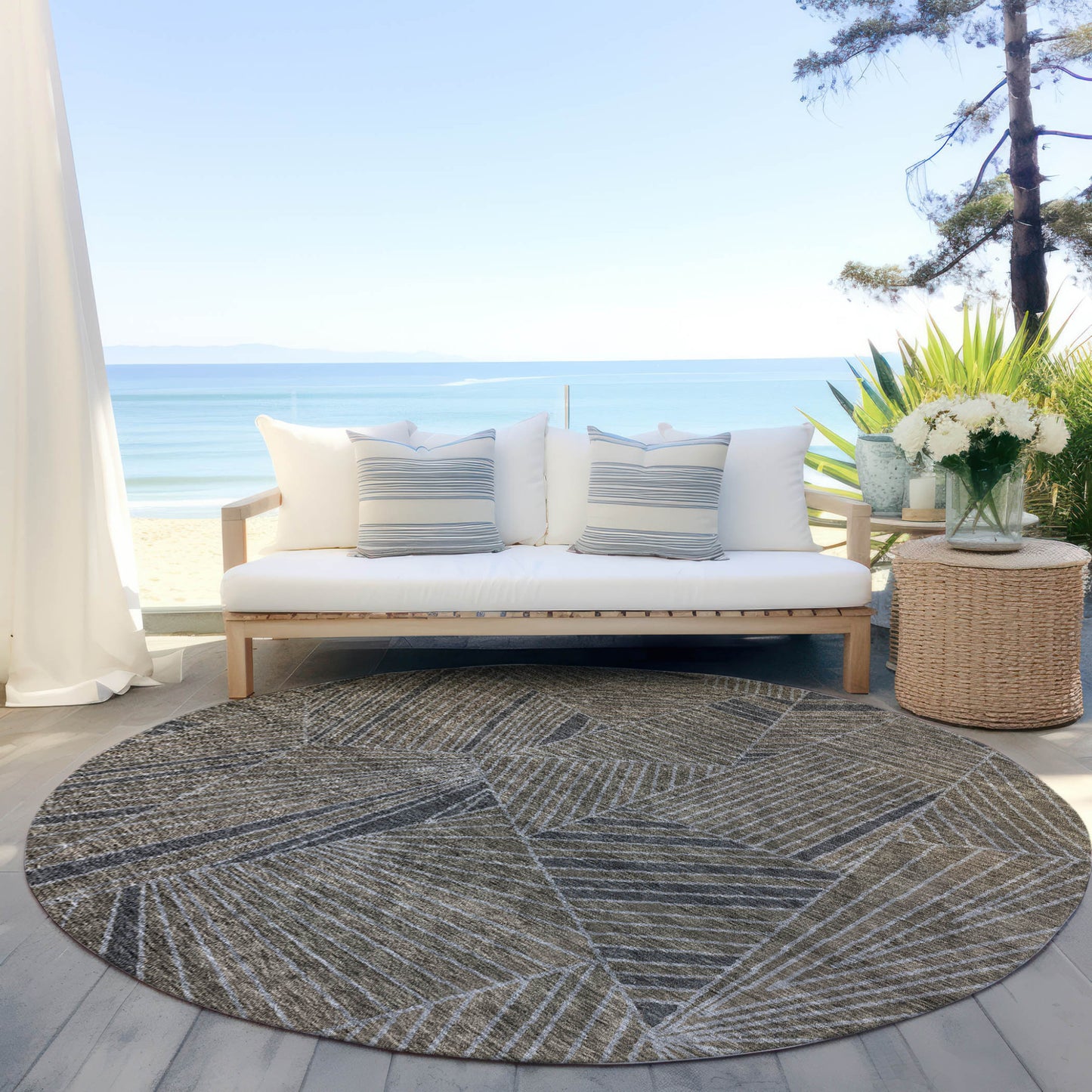 Tabselect Home Line 8' Brown Black And Gray Round Geometric Washable Indoor Outdoor Area Rug