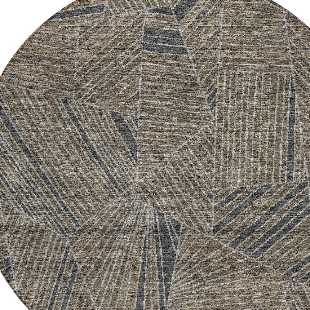 Tabselect Home Line 8' Brown Black And Gray Round Geometric Washable Indoor Outdoor Area Rug