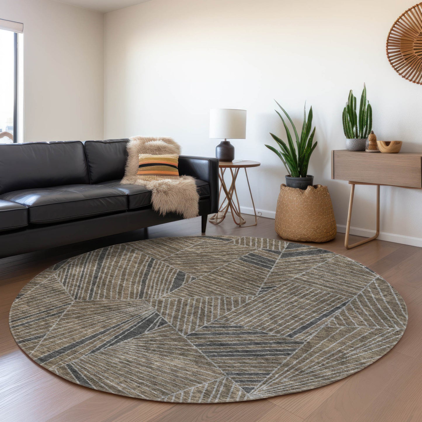 Tabselect Home Line 8' Brown Black And Gray Round Geometric Washable Indoor Outdoor Area Rug