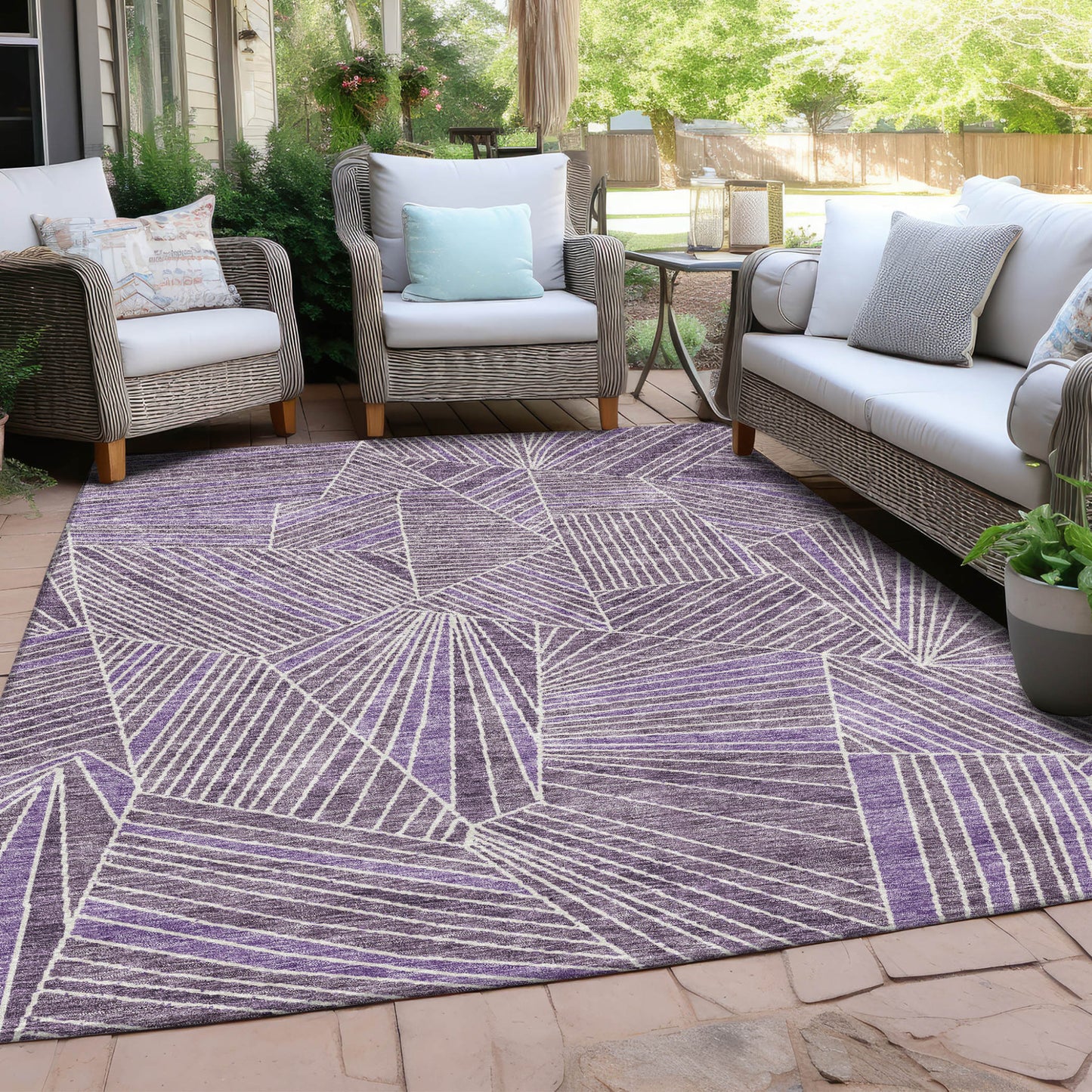 Tabselect Home Line 5' X 8' Purple And Ivory Geometric Washable Indoor Outdoor Area Rug