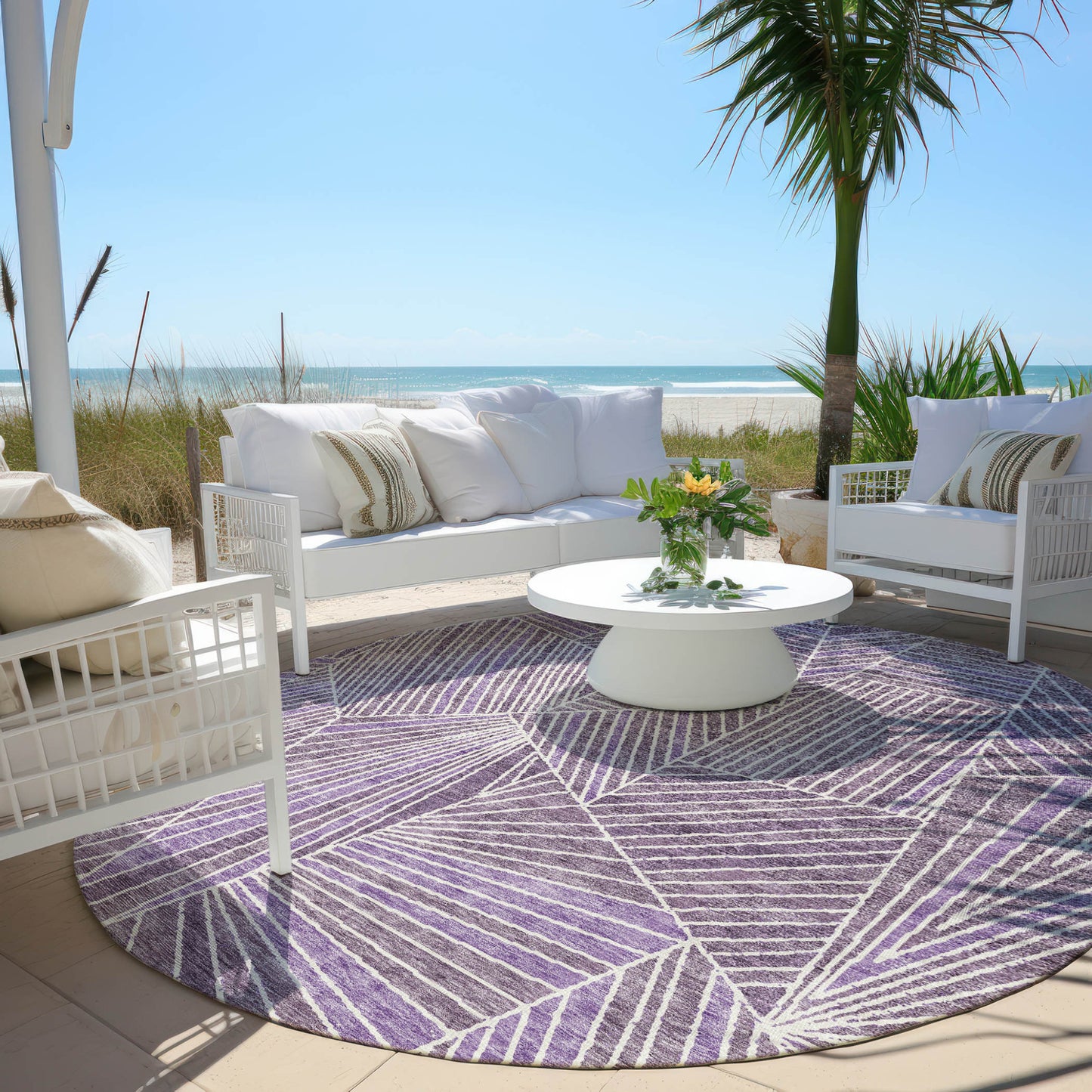Tabselect Home Line 8' Purple And Ivory Round Geometric Washable Indoor Outdoor Area Rug