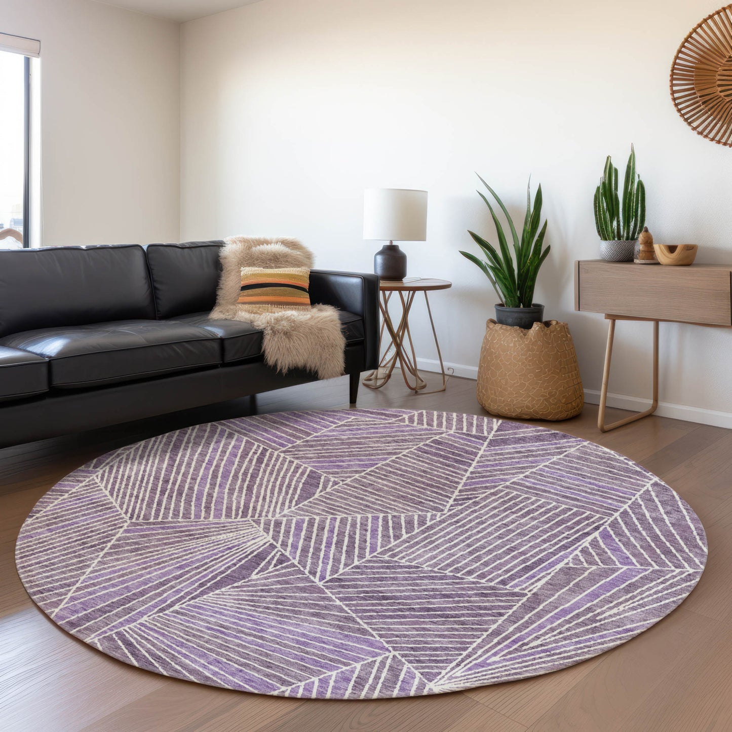 Tabselect Home Line 8' Purple And Ivory Round Geometric Washable Indoor Outdoor Area Rug