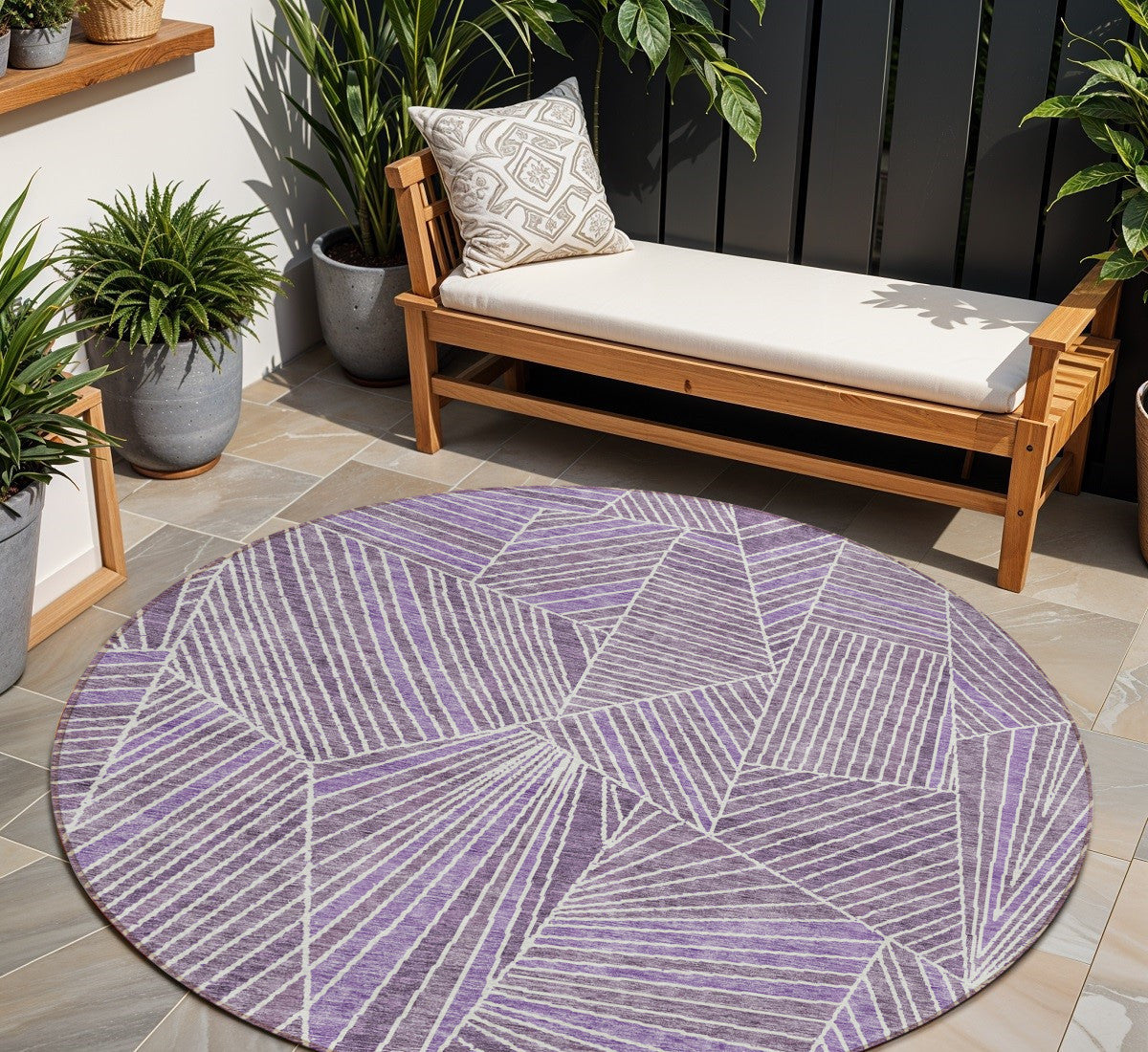 Tabselect Home Line 8' Purple And Ivory Round Geometric Washable Indoor Outdoor Area Rug