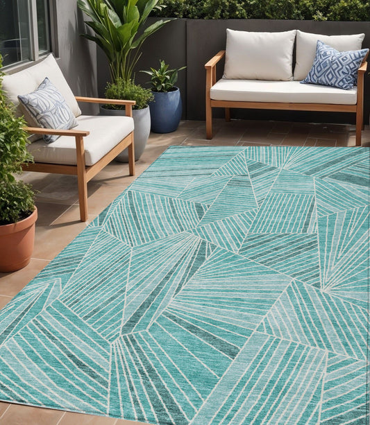 Tabselect Home Line 5' X 8' Teal Blue And Ivory Geometric Washable Indoor Outdoor Area Rug