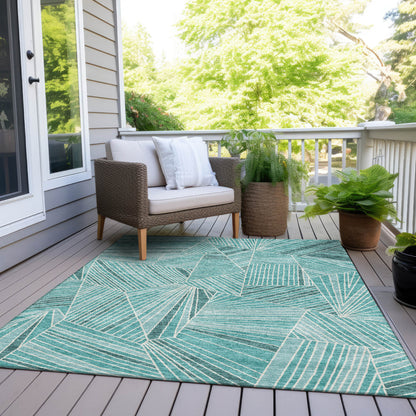 Tabselect Home Line 5' X 8' Teal Blue And Ivory Geometric Washable Indoor Outdoor Area Rug