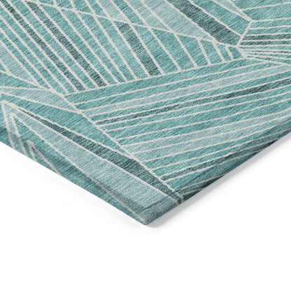Tabselect Home Line 5' X 8' Teal Blue And Ivory Geometric Washable Indoor Outdoor Area Rug