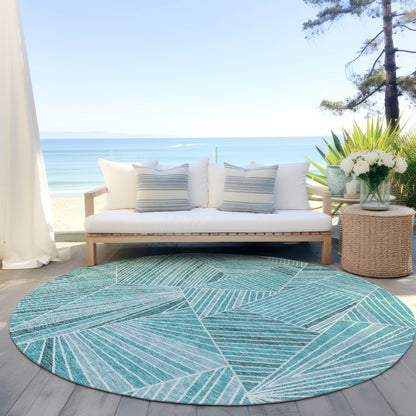 Tabselect Home Line 8' Teal Blue And Ivory Round Geometric Washable Indoor Outdoor Area Rug