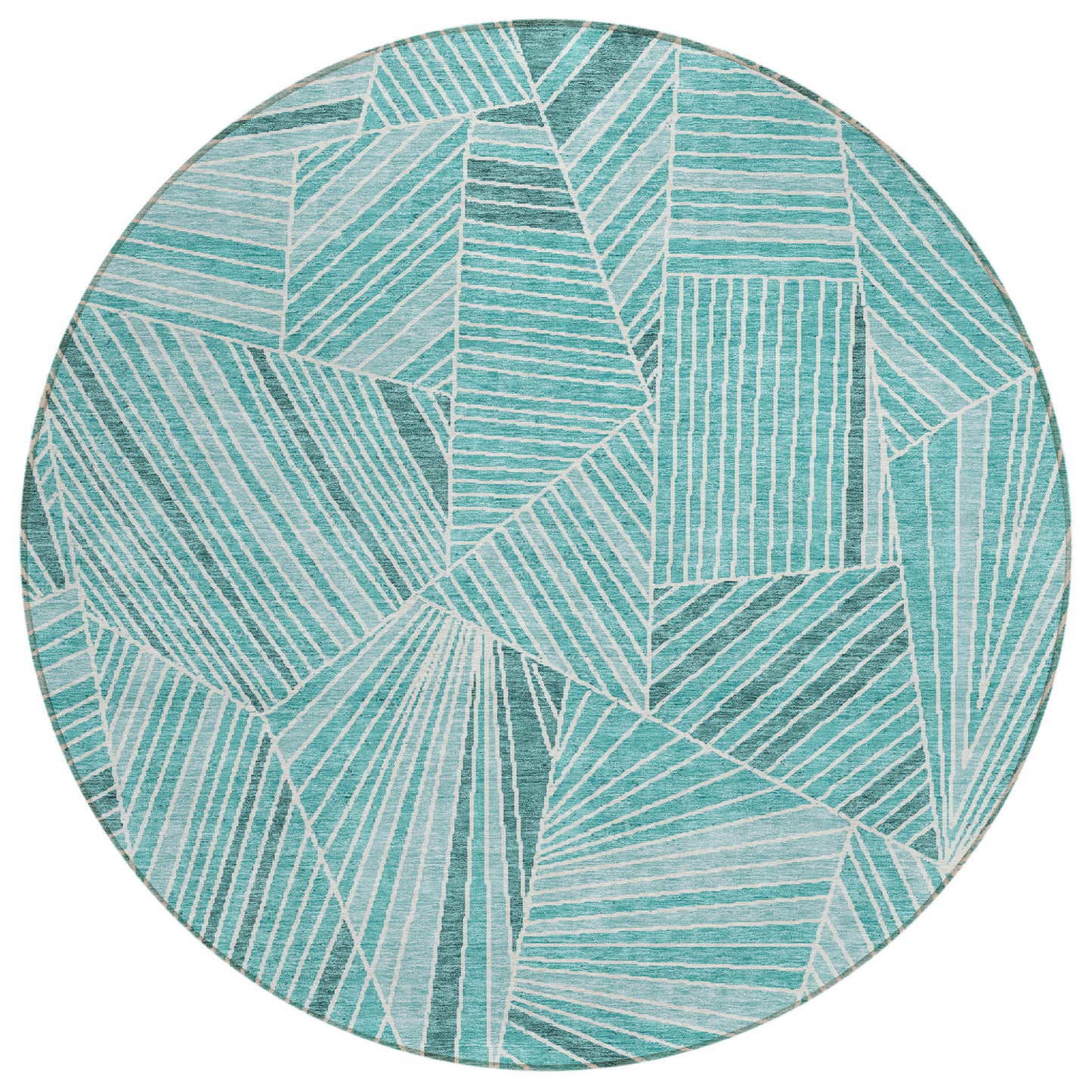 Tabselect Home Line 8' Teal Blue And Ivory Round Geometric Washable Indoor Outdoor Area Rug