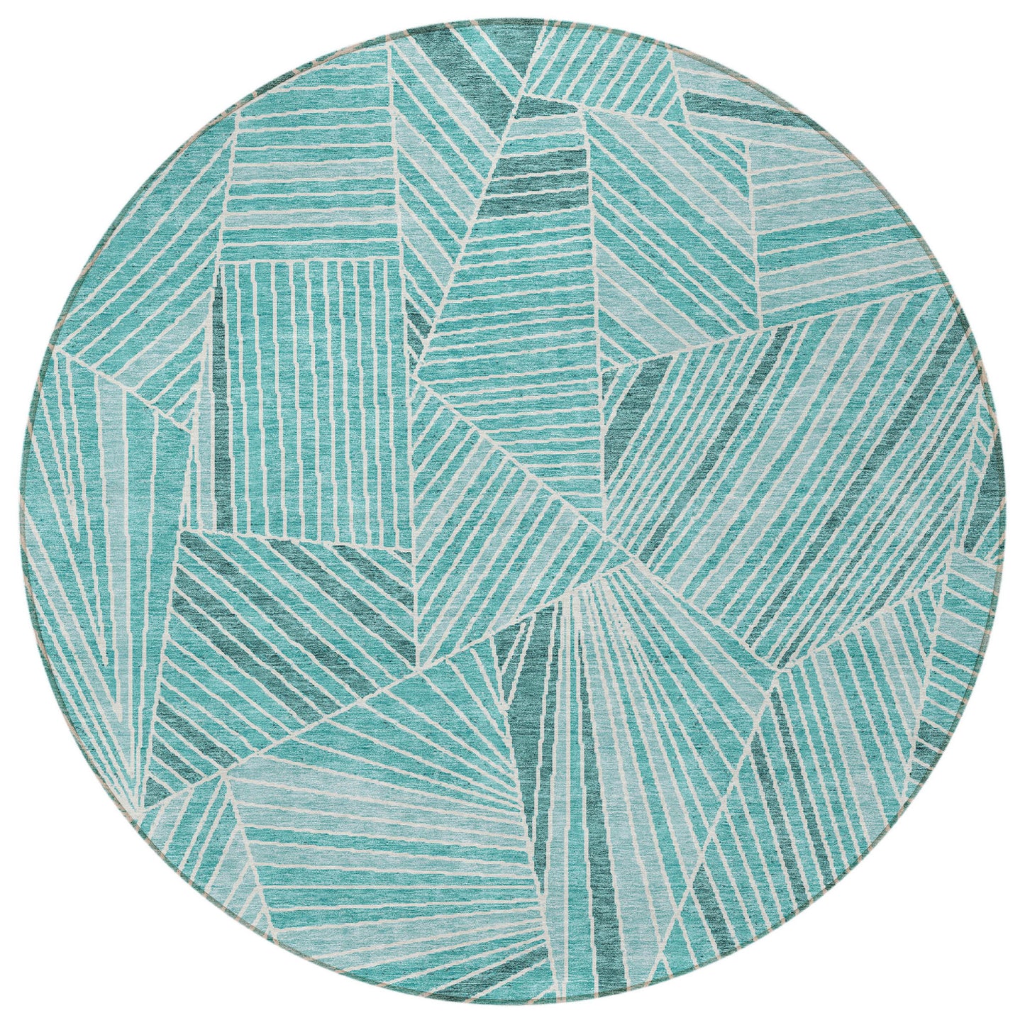 Tabselect Home Line 8' Teal Blue And Ivory Round Geometric Washable Indoor Outdoor Area Rug