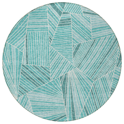 Tabselect Home Line 8' Teal Blue And Ivory Round Geometric Washable Indoor Outdoor Area Rug