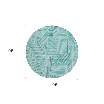 Tabselect Home Line 8' Teal Blue And Ivory Round Geometric Washable Indoor Outdoor Area Rug