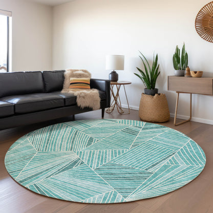 Tabselect Home Line 8' Teal Blue And Ivory Round Geometric Washable Indoor Outdoor Area Rug