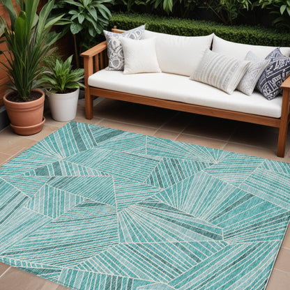Tabselect Home Line 8' X 10' Teal Blue And Ivory Geometric Washable Indoor Outdoor Area Rug