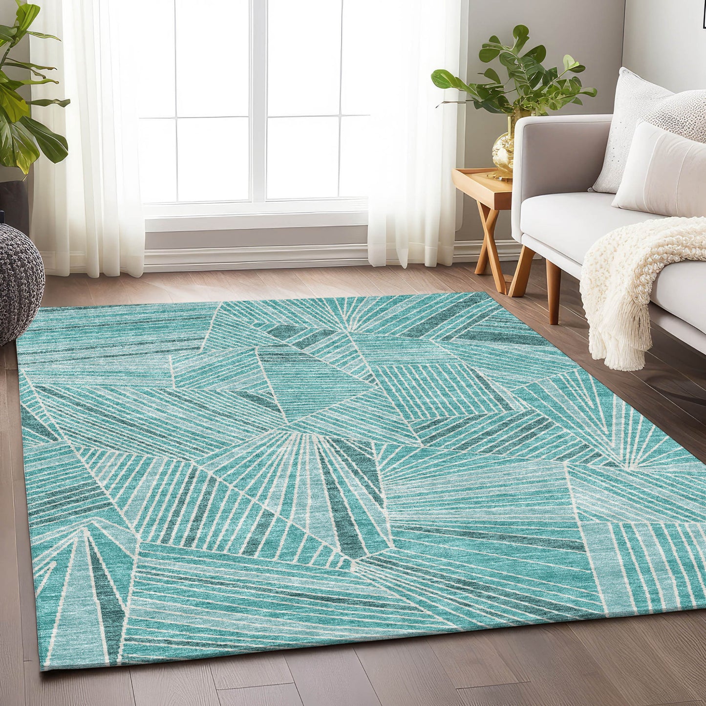 Tabselect Home Line 8' X 10' Teal Blue And Ivory Geometric Washable Indoor Outdoor Area Rug