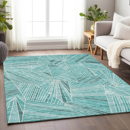 Tabselect Home Line 8' X 10' Teal Blue And Ivory Geometric Washable Indoor Outdoor Area Rug